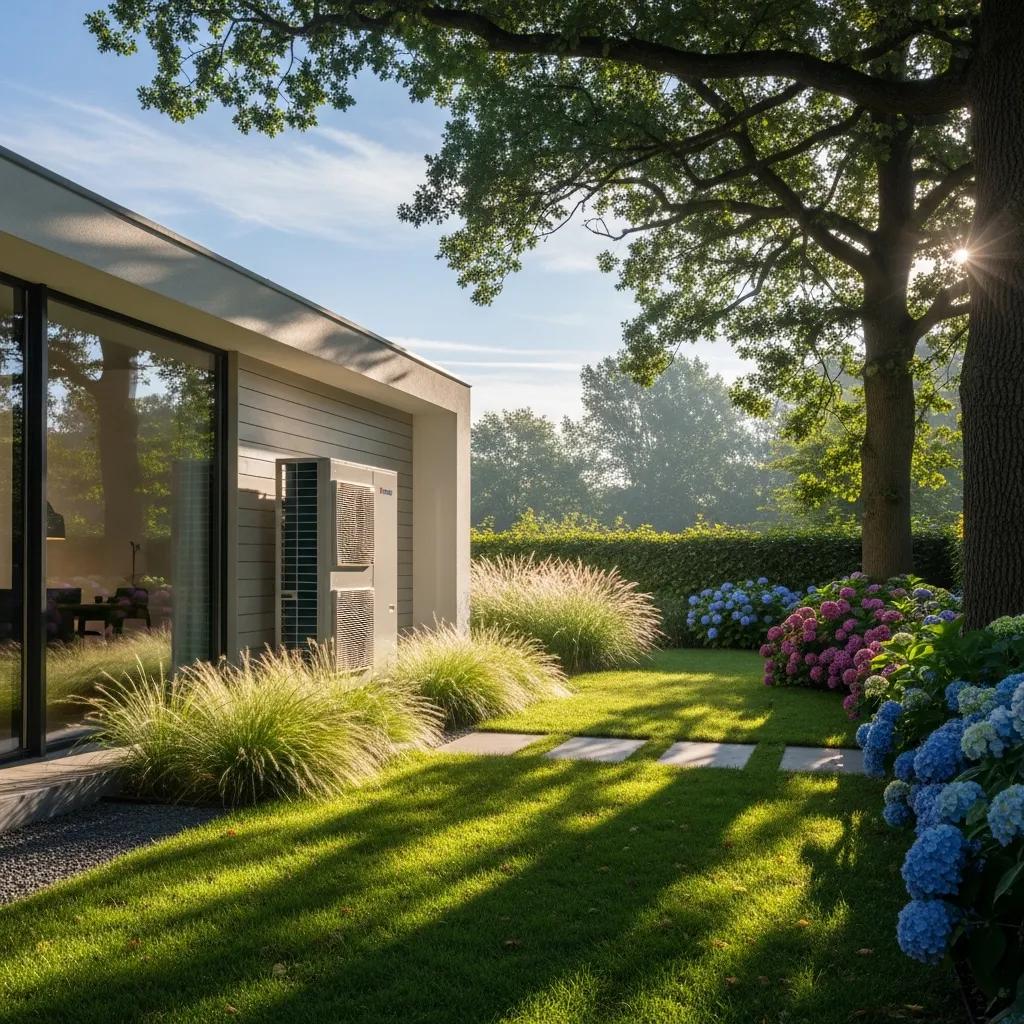 HVAC Blog 18 Modern home featuring an outdoor heat pump system in a sunny garden setting