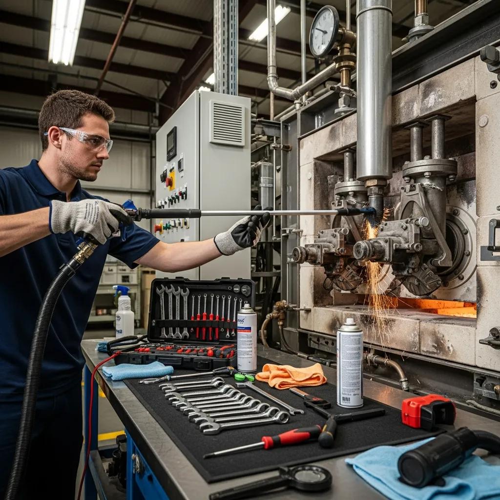 Technician cleaning the burners of a furnace as part of a tune-up process