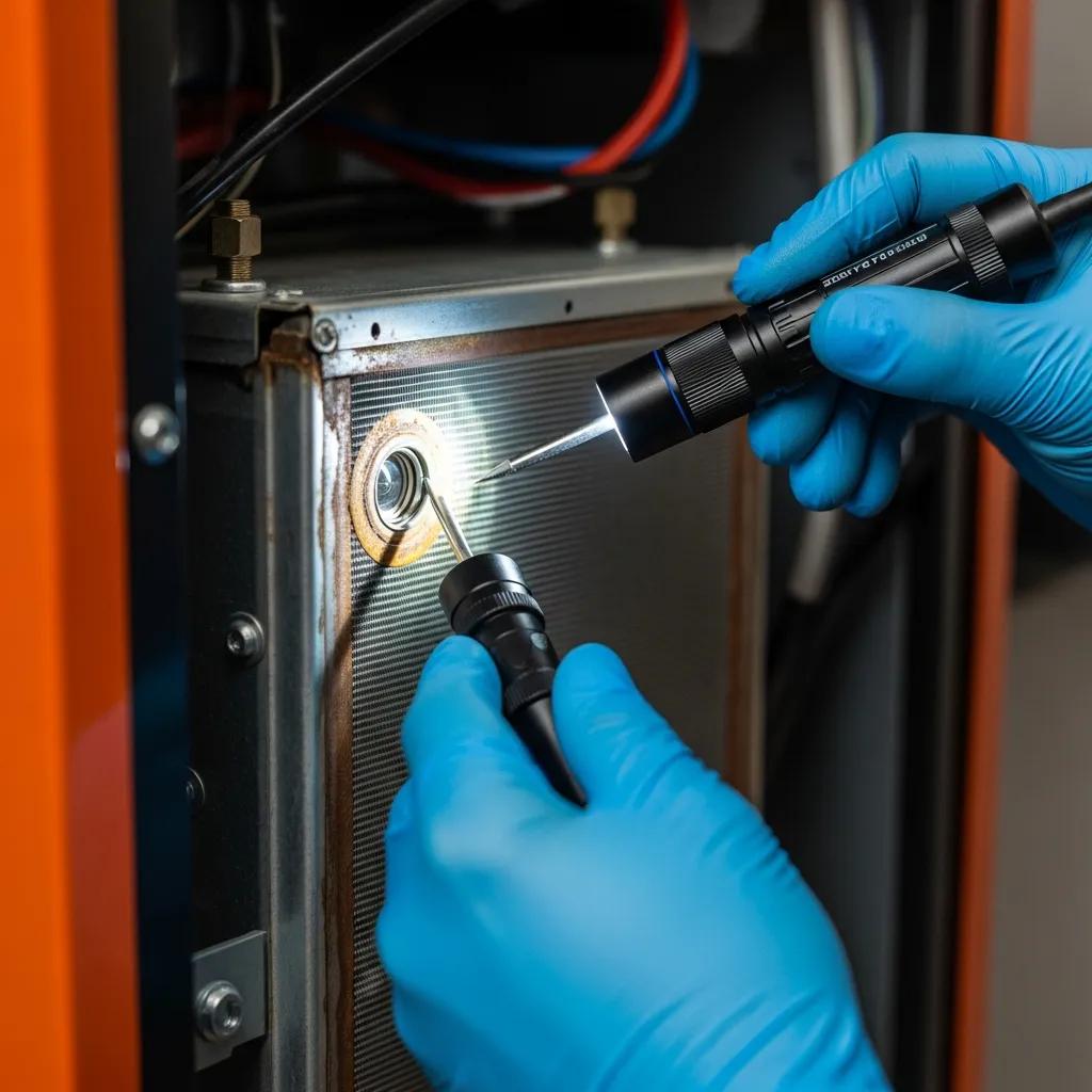Technician inspecting the heat exchanger of a furnace during a comprehensive inspection