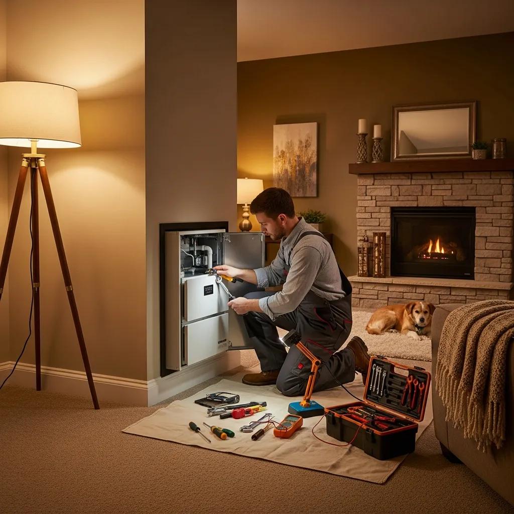 Technician performing maintenance on a modern furnace in a cozy home setting