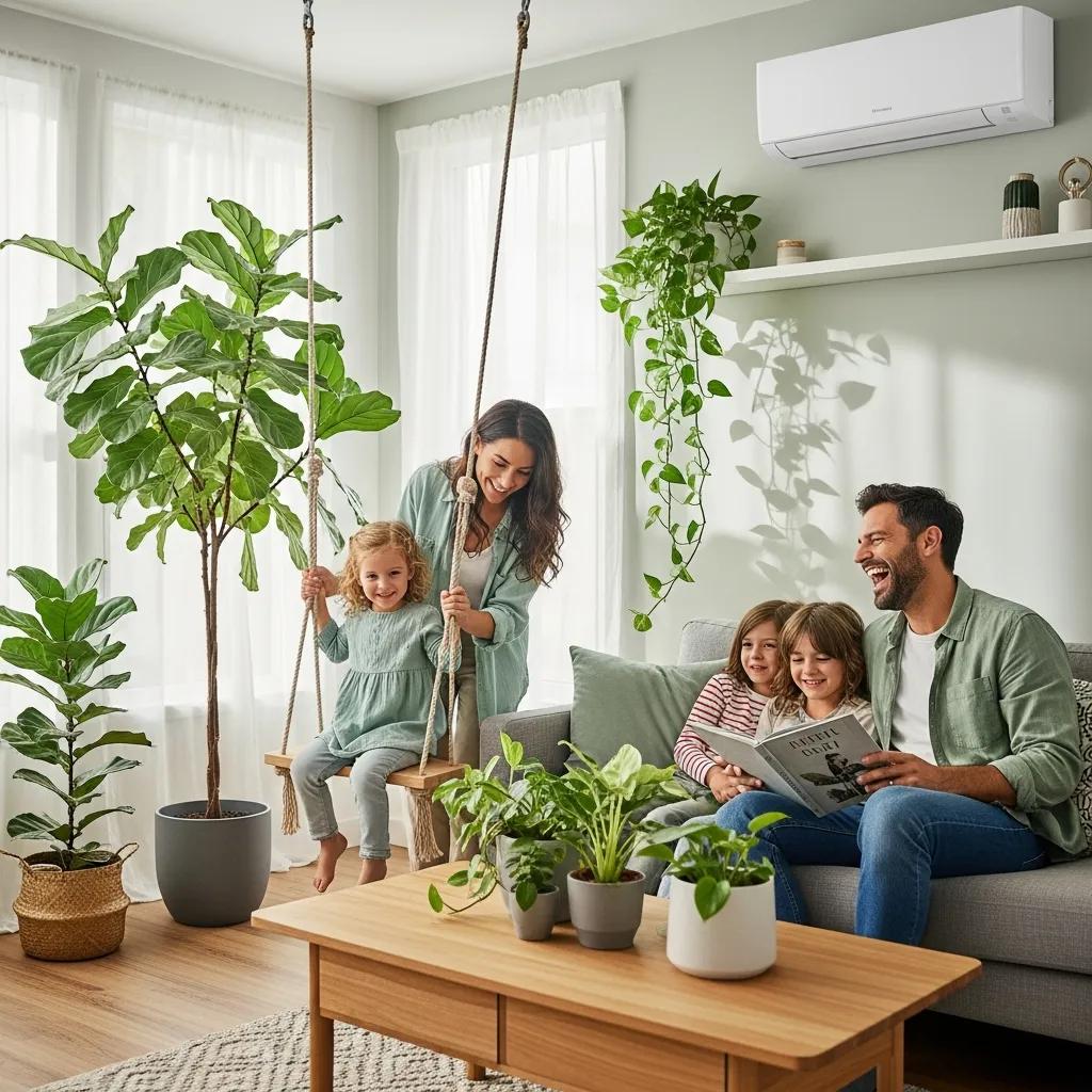 Family enjoying a clean and fresh indoor environment with plants