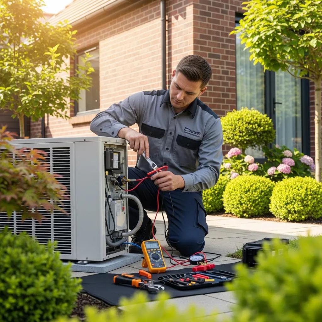 HVAC Blog 14 Technician performing air conditioning maintenance in a residential setting