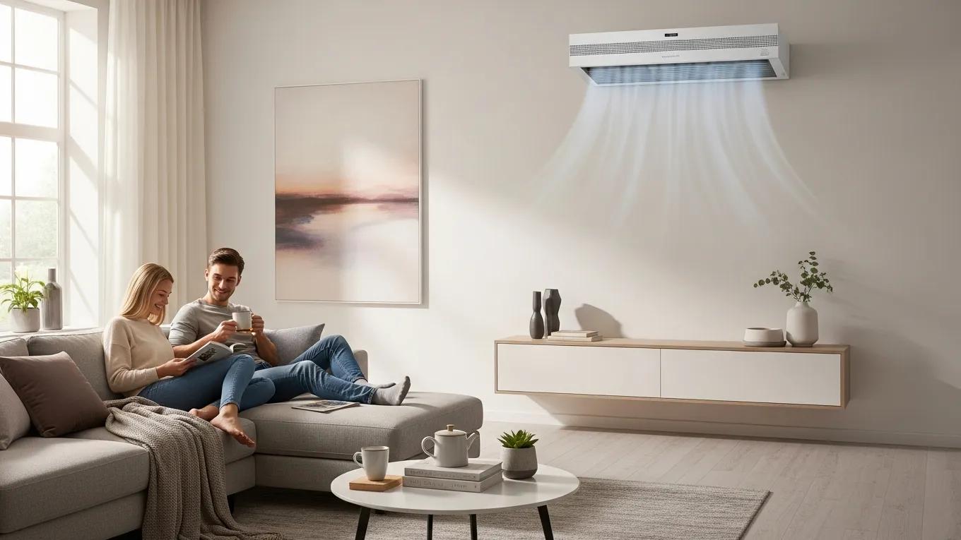 HVAC Blog 13 Modern HVAC system in a peaceful living room, highlighting comfort and tranquility