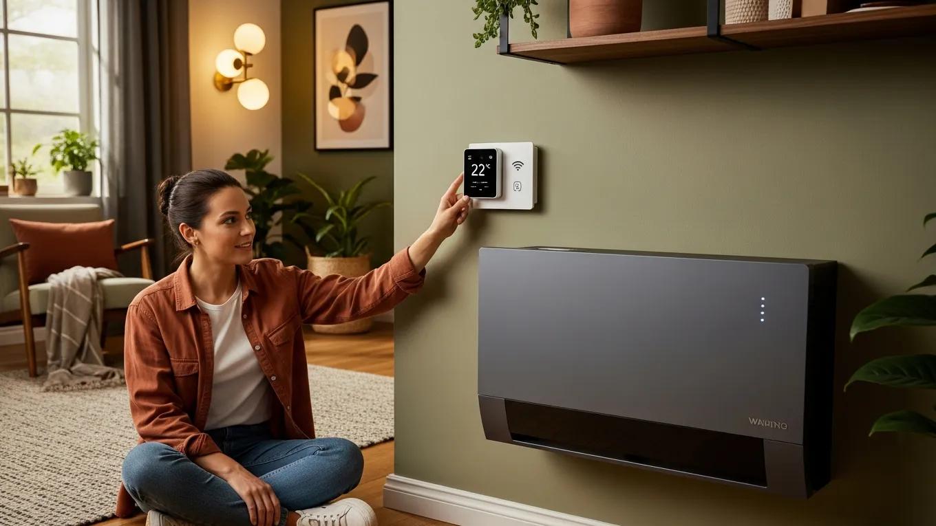 Top Energy-Efficient HVAC Upgrades for Your Home 2 A homeowner interacting with a smart thermostat near an air-source heat pump in a cozy living environment