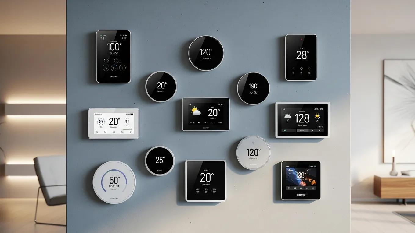 Top Energy-Efficient HVAC Upgrades for Your Home 3 Modern smart thermostat designs on display in a well-decorated home, emphasizing style and technology